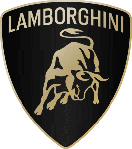 Lamborghini logo: a golden bull on a black shield with 'Lamborghini' in gold text above.