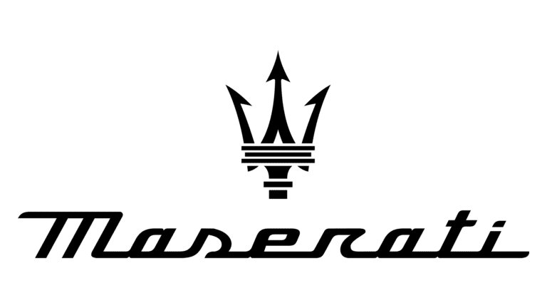Maserati logo with a black trident symbol above the stylized 'Maserati' text on a dark green background.