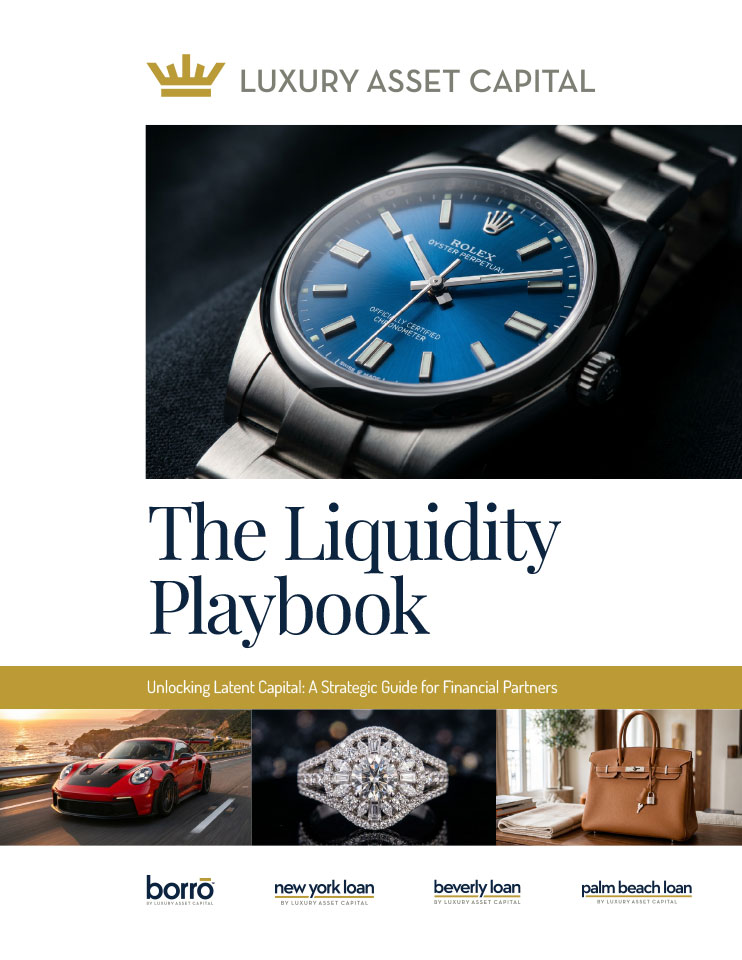 Cover image for the liquidity playbook by luxury asset capital featuring a close-up of a stainless rolex watch, bold title text, a gold subtitle bar, and partner logos.