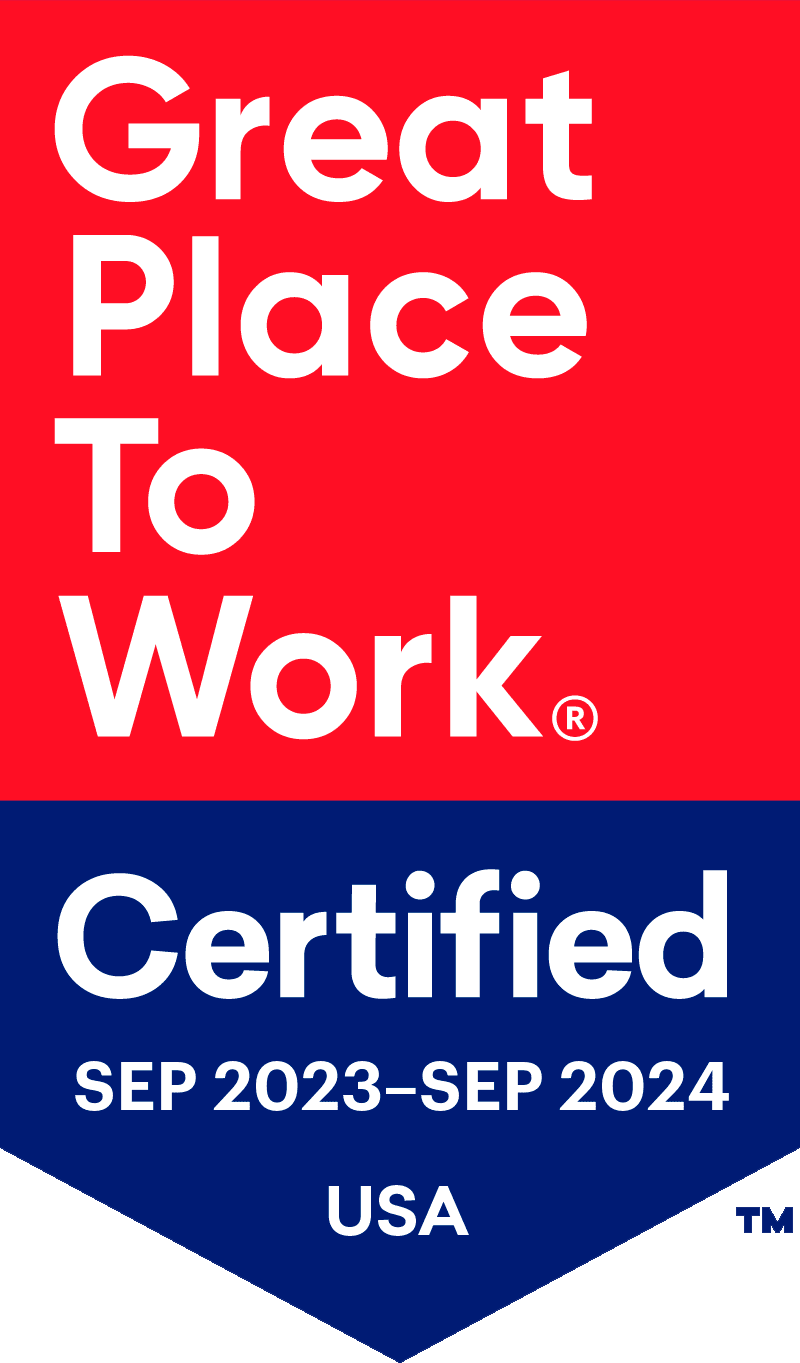 Great place to work certified badge in red and blue, showing sep 2023–sep 2024 and usa (certification seal).